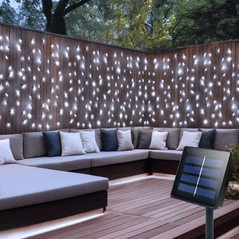 DBFAIRY أضواء ستائر شمسية DBFAIRY، 13 قدم × 3.3 قدم 200 LED أضواء ستائر شمسية خارجية مقاومة للماء سلك أخضر مع 8 أوضاع لتزيين الحديقة، الدرابزين، الحواف، والجدران - أبيض بارد - Image 1